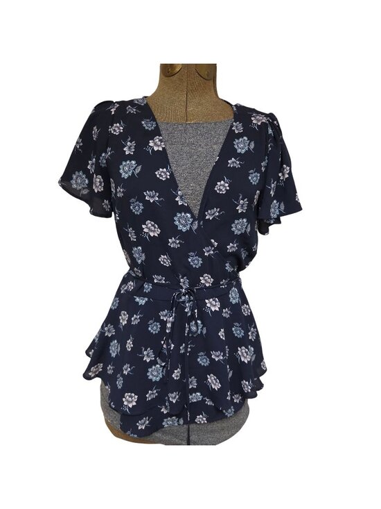 LOFT Tops - LOFT Floral Wrap Blouse Womens Size S Short Flutter Sleeves Belted Waist Blue